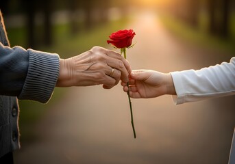 Elderly hands giving a red rose to a child's hands in a park at sunset.