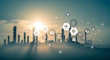 Industrial complex overlaid with a network of interconnected data visualization icons against a soft sunset backdrop.