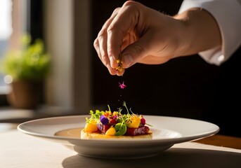 Chef's hand meticulously garnishing a plated dessert with edible flowers and nuts.