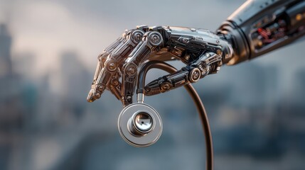 A robotic hand holding a stethoscope, symbolizing the intersection of technology and healthcare.