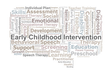 Early Childhood Intervention Word Cloud. Key Concepts On Development, Education, Family Support, Therapy, Inclusion, And Developmental Health Strategies.