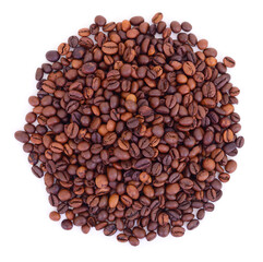 Roasted coffee beans isolated on white background top view