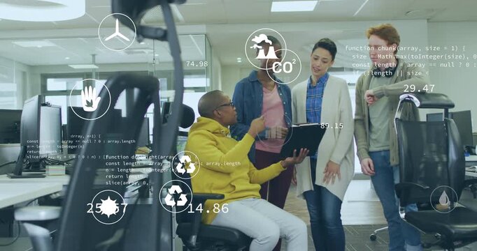 Man wheeling tablet tapping performance charts, office team watching and pointing at CO? overlays