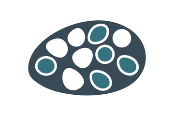 Abstract organic shapes in muted teal and white arranged inside a dark teal oval on a black background minimalist design