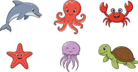Cute cartoon sea animals with faces, happy dolphin, smiling octopus, cheerful crab, adorable starfish, cute jellyfish, happy sea turtle characters © CreativeArtist