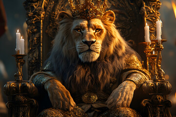 Royal lion seated on throne with warm candlelight ambiance, majestic fantasy artwork symbolizing sovereignty and courage.