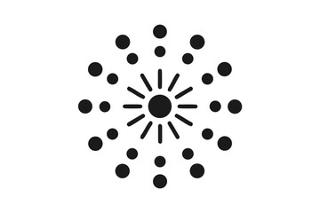 Abstract circular pattern with a central sunburst radiating lines and scattered dots against a dark background representing energy or celebration