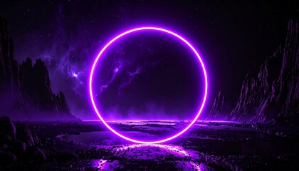 Glowing neon circle pulsing with electric purple light on dark backdrop. Futuristic energy shape.