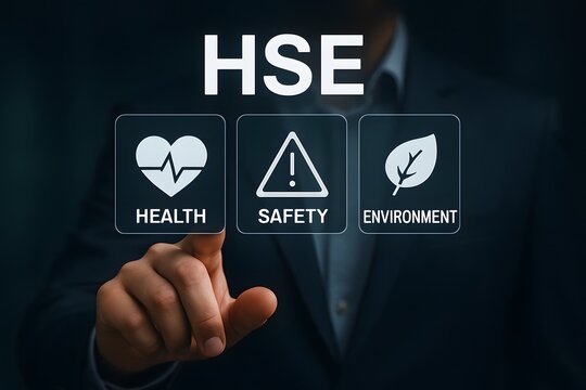 Business Professional Interacting with HSE Icons , Health, Safety, and Environment Management Concept