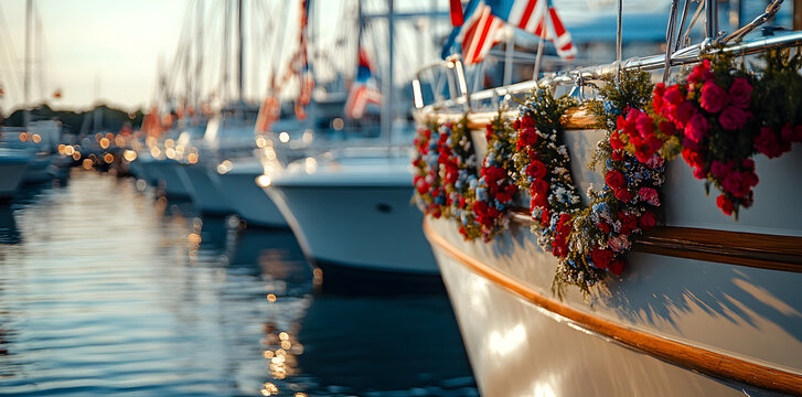 Patriotic yacht adorned with red, white, and blue decorations, festive USA boat parade scene for Independence Day or Memorial Day events.