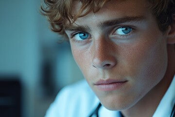 Portrait of a serious young man lawyer, notary public sitting in the office at the table in a suit, confidently looking to the side, embodying professionalism and legal expertise, Generative AI