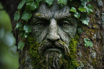 Obraz premium Carved Green Man face in rustic tree trunk, traditional wood sculpture representing forest spirit, mythology, and symbolic nature folklore