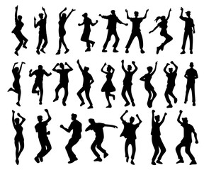 party people dancing man and woman jumping celebration poses silhouettes