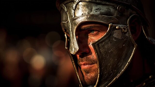 The warrior, a close-up of a man in ancient armor.