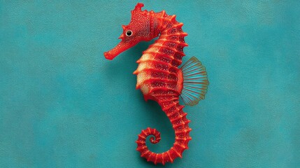 Bright red seahorse on teal background