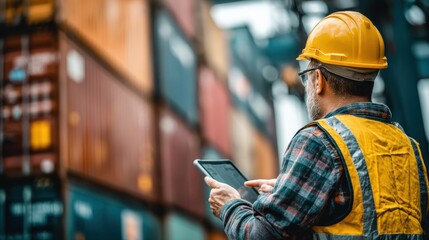 A construction worker in a hard hat uses a tablet in front of colorful shipping containers at a logistics site.