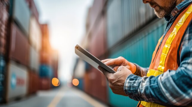 A worker in a safety vest uses a tablet among shipping containers, highlighting technology in logistics and operations.