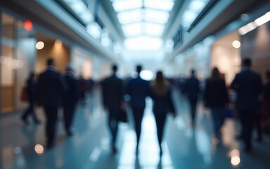 blurred business people walking at a trade fair, conference or walking in a modern hall. High quality
