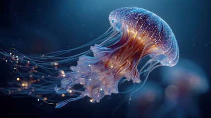 Close-up of a glowing jellyfish with empty copyspace 