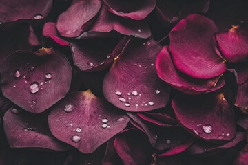 Close-up of dark burgundy rose petals with water droplets