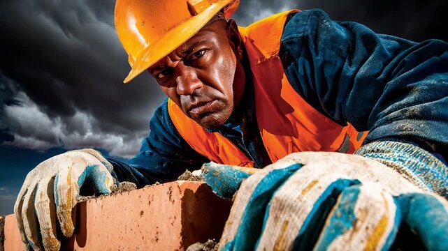 Close-up of worker in hard hat laying bricks. Heavy physical labor. Builder in orange vest. Looking up. Symbol of tenacity and strength.