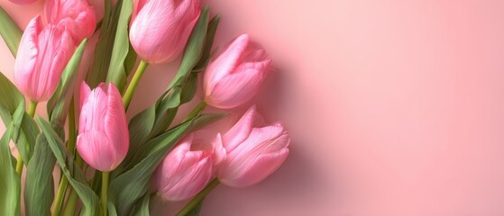 Obraz premium The pink tulips on a soft pastel background for spring floral celebration and greeting