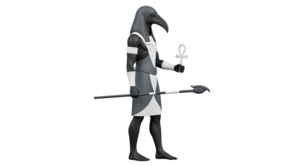 Isolated Thoth Figure in Gray with Ankh Symbol