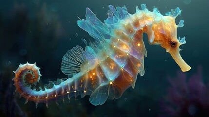 Dreamy digital art of a glowing seahorse underwater 