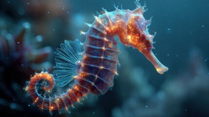 Dreamy digital art of a glowing seahorse underwater 