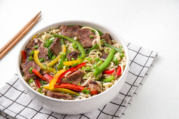 Lo Mein Noodles with beef meat and vegetables