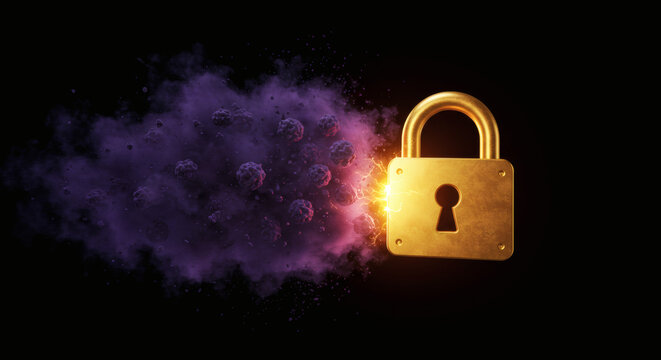 Cybersecurity protection concept A gleaming golden padlock strongly defends against a swirling cloud of purple digital threats and malicious viruses, symbolizing robust online security - Powered by Adobe
