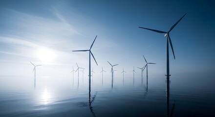 A tranquil scene of numerous wind turbines positioned in a calm body of water, bathed in soft, ethereal light.