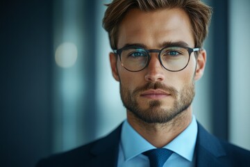 Close-up photo of a serious young male lawyer in a suit and glasses, confidently looking at the camera in the office, representing authority and expertise in legal matters, Generative AI