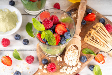Overnight matcha oatmeal with fresh berries