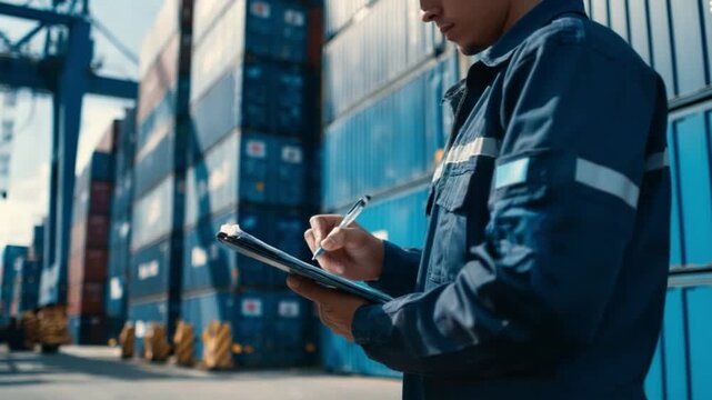 Overseeing Maritime Logistics: A focused maritime professional meticulously documents cargo containers. Capturing the essence of global trade and supply chain management.