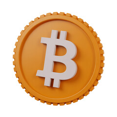 3D orange bitcoin coin with white symbol isolated