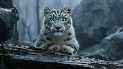 Fototapeta premium A majestic snow leopard with striking blue eyes gazes intently from atop a weathered log in a misty forest.