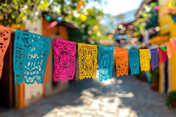 Vibrant tissue paper flags strung above street in Mexico, traditional papel picado decorations for Day of the Dead festival and holiday events