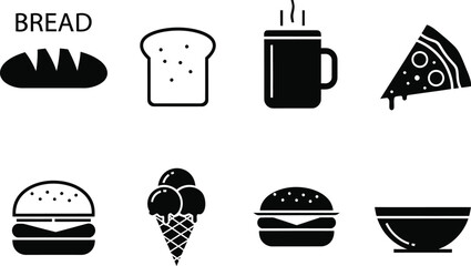 Monochrome Fast Food and Bakery Vector Icon Set: Pizza, Burgers, Ice Cream, and Bread Illustrations for Menu and Restaurant Designs.