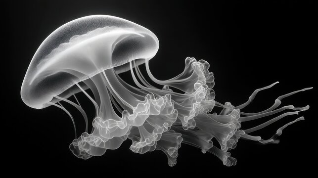 Minimalistic jellyfish art with white tentacles on black 