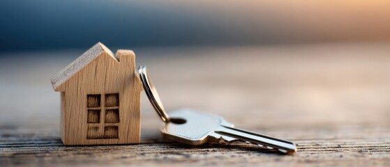 The House Model and Key on Wooden Surface Representing Home Ownership and Security