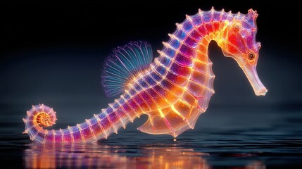 Neon glowing seahorse in a black water setting 