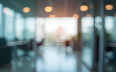 Blurred office interior background with a blurred door and glass wall, blurry bokeh light effect for a business concept design. High-quality photo, taken with a telephoto lens in realistic daylight.