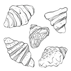 Hand drawn croissant,croissant hand drawn sketch vector set.