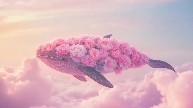 Surreal pink whale covered with blooming peonies floating above dreamy pastel clouds in magical fantasy sky scene