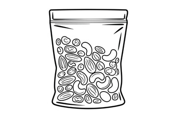 Hand drawn illustration of a resealable plastic bag filled with mixed nuts and dried fruit