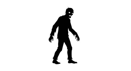 Fototapeta premium A terrifying zombie silhouette with glowing eyes shuffles menacingly across a stark white background, evoking a chilling sense of dread and horror for Halloween designs.