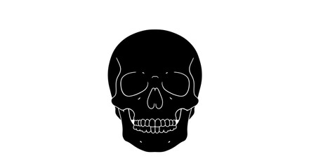 A stark, minimalist black skull illustration stands prominently against a clean white background, symbolizing mortality, danger, and the macabre.
