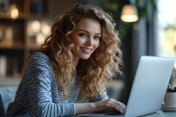 young businesswoman sitting at the desk in front of the laptop, looking at the monitor with a smile while participating in business training, interviews, or meetings via video call, Generative AI