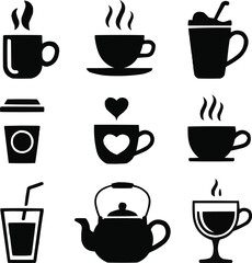 Coffee Mug and Tea Cup Silhouette Icons Set  Hot Drink Essentials with Steam and Hearts